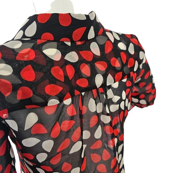 Diane Von Furstenberg 90s Sheer Silk Blouse Women 2 Red White on Black Long Slv - Picture 6 of 13